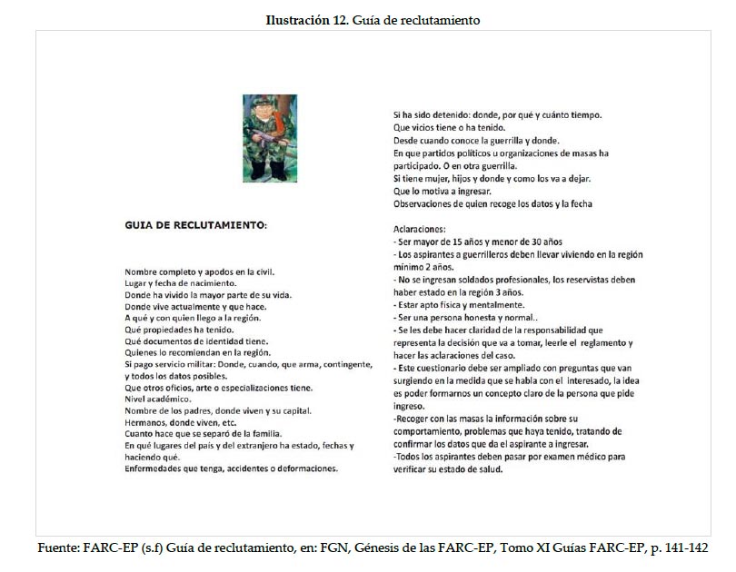 Una guía de reclutamiento de las FARC, encabezada por un cuadro de Fernando Botero, expresa la prohibición de reclutar menores de 15 años y estipula la necesidad de pedirles documentos de identidad, dos requisitos que la Jurisdicción Especial de Colombia probó no se cumplieron.