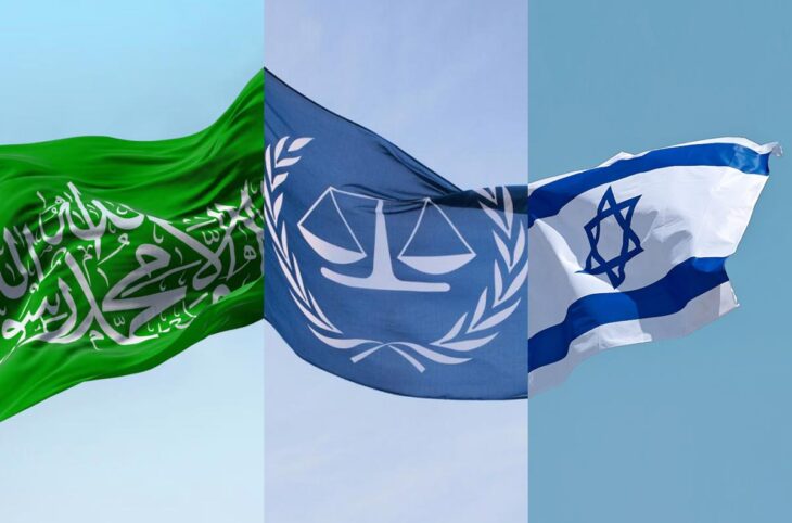 Mandats d'arrêt de la CPI contre Israël et le Hamas. Montage photo de 3 drapeaux : celui du Hamas, de la Cour pénale internationale (CPI) et d'Israël.