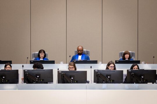 Al-Hassan trial at the ICC - Photo: 3 judges of the International Criminal Court (Tomoko Akane, Antoine Kesia-Mbe Mindua and Kimberly Prost) sit in The Hague.