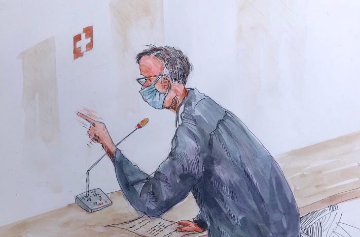 Dessin d'un avocat des victimes dans le procès Kosiah, en Suisse. © Leslie Lumeh