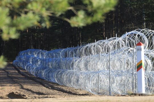 Barbed wire fence is pictured at the Lithuanian- Belarusian border in Sadziunai, Lithuania.