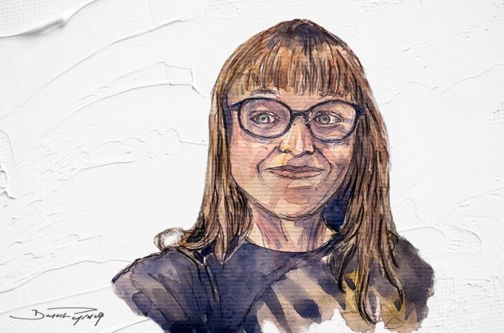 Lucy Gaynor répond aux questions de Thierry Cruvellier au cours d'un grand entretien sur le Tribunal pénal international pour le Rwanda (TPIR). Illustration : portait de Gaynor.