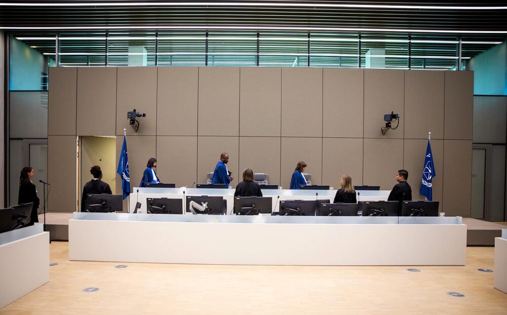 Al Hassan trial at the International Criminal Court (ICC). Photo: ICC judges enter the courtroom where Al Hassan is charged with crimes committed in Mali.