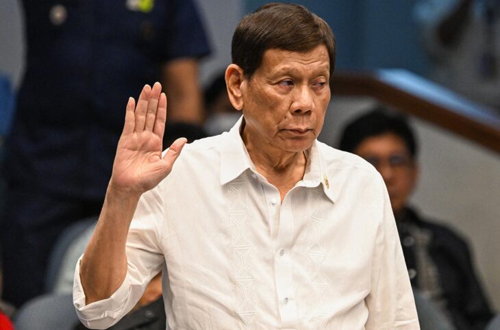 Former Philippines president Rodrigo Duterte was arrested in Manila following an arrest warrant from the International Criminal Court (ICC). Photo: Duterte is sworn in during a Senate enquiry into the war on drugs waged under his administration, in Manila, on 28 October 2024.