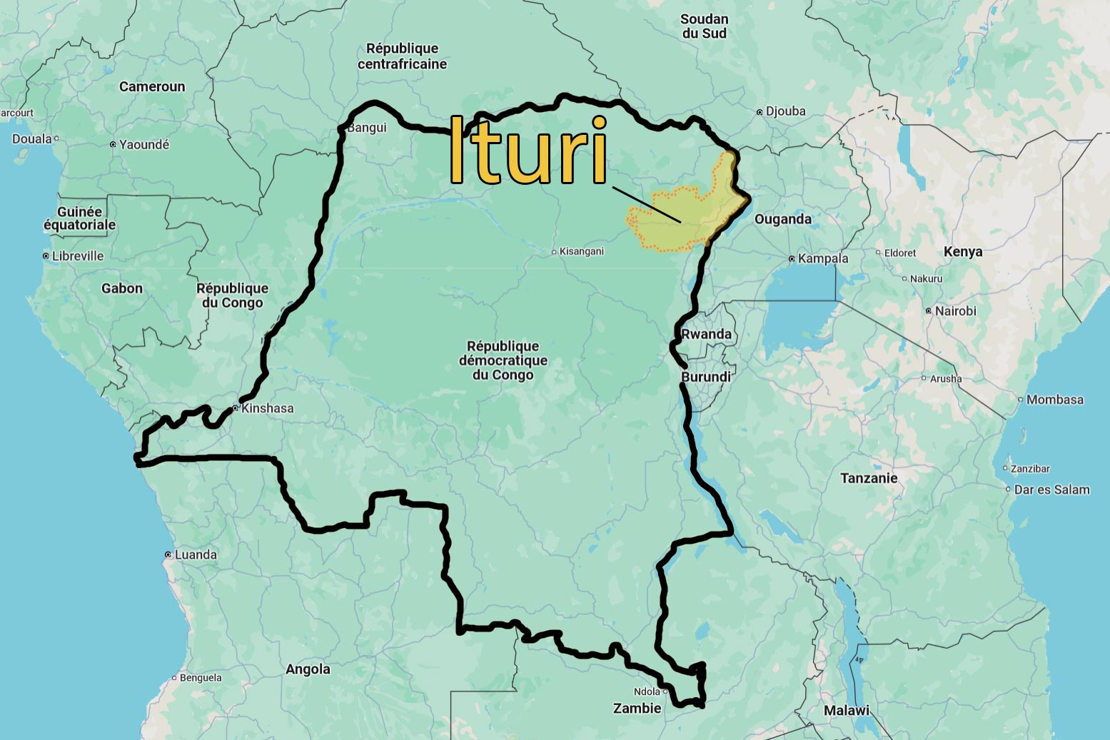 Map showing the position of the Democratic Republic of the Congo in Africa and the location of Ituri, a province in the northeast.