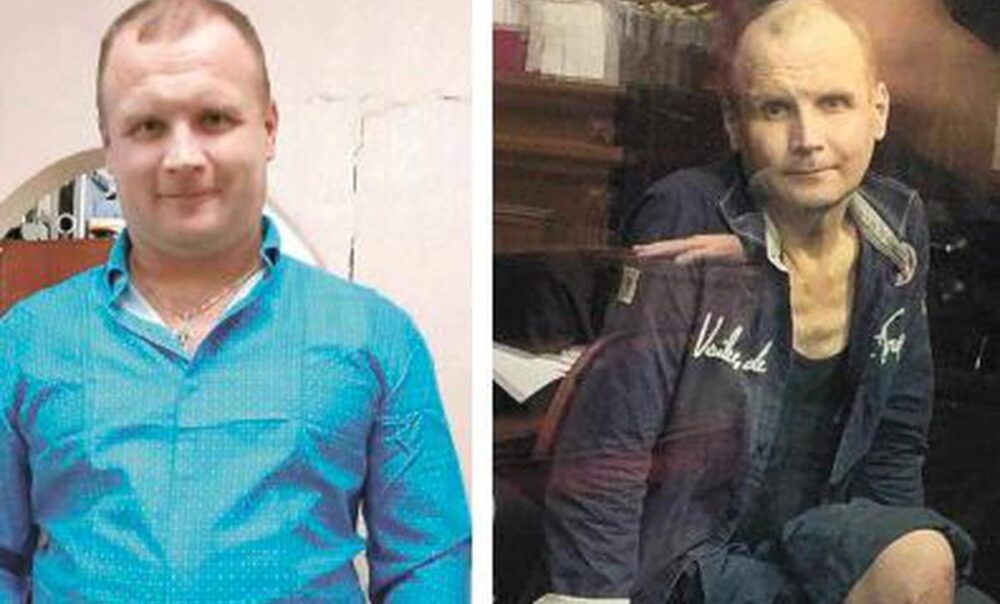 Oleg Myzhgorodskyi, an alleged member of the Ukrainian ‘Azov’ regiment, is accused of ‘terrorism’ in a trial in Russia. Photo: 2 side-by-side portraits of Myzhgorodskyi, in 2021 (before detention) and in 2023.