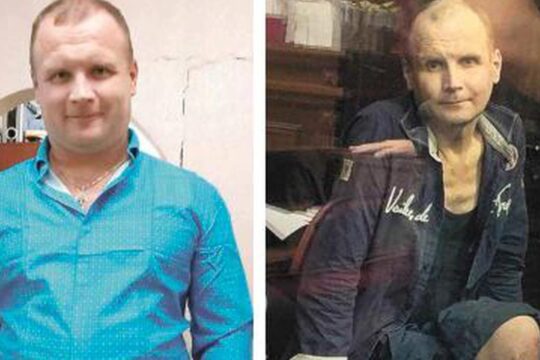 Oleg Myzhgorodskyi, an alleged member of the Ukrainian ‘Azov’ regiment, is accused of ‘terrorism’ in a trial in Russia. Photo: 2 side-by-side portraits of Myzhgorodskyi, in 2021 (before detention) and in 2023.