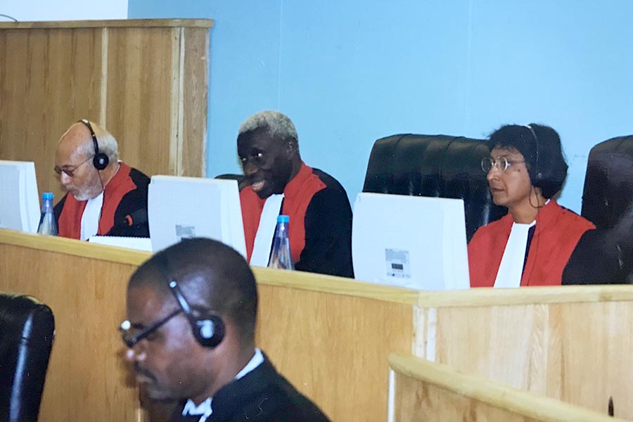 Judges Lennart Aspegren, Laïty Kama and Navanethem Pillay in the Akayesu judgment at the International Criminal Tribunal for Rwanda (ICTR).