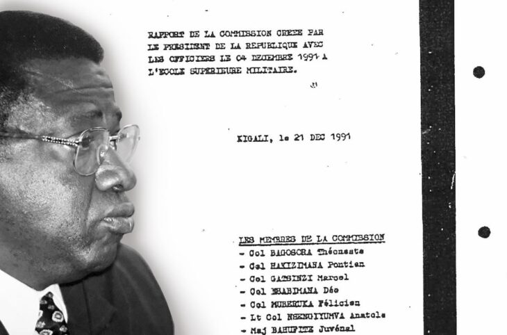 Rapport militaire censé être à l'origine du complot ayant mené au génocide des Tutsis au Rwanda. Montage photo associant un portrait de Théoneste Bagosora lors d'une audience devant le Tribunal pénal international pour le Rwanda (TPIR) et un scan du rapport de la 