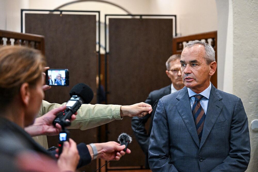 Ian Lundin, former chairman of the Swedish oil company Lundin Oil, speaks to the press during his trial in Sweden for alleged complicity in war crimes commited in Sudan.