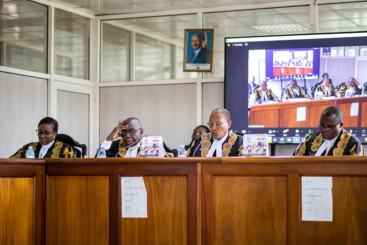 Judges of Uganda’s Constitutional Court at a hearing following petitions challenging the constitutionality of the country’s anti-homosexuality law