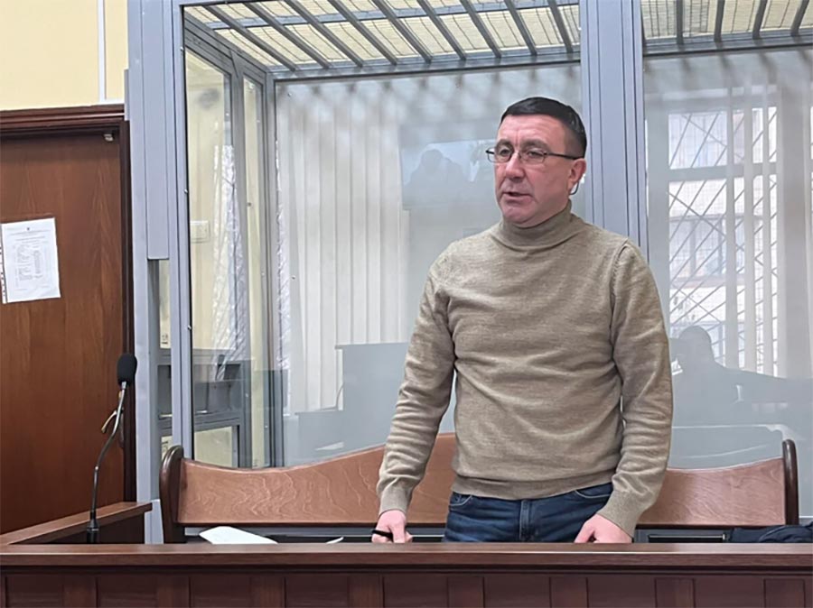 Lawyer Oleksandr Omelchenko pleads for his client Mykola Fedorian in Ukraine, charged with treason for crimes committed in Crimea.