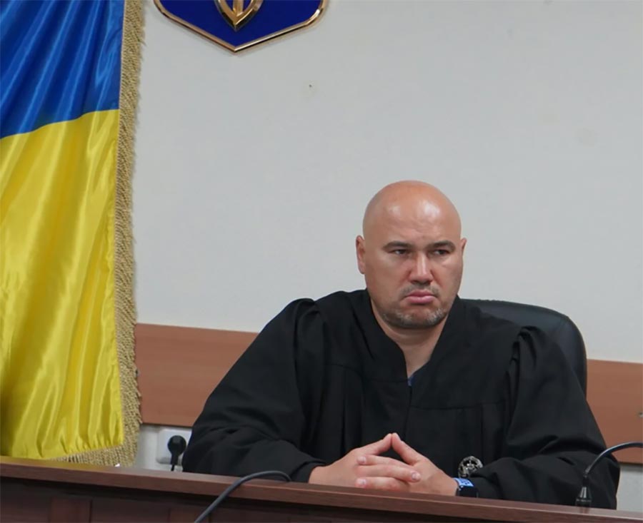 Judge Oleksandr Boyko at the trial of Mykola Fedorian in Ukraine, charged with treason for crimes committed in Crimea.