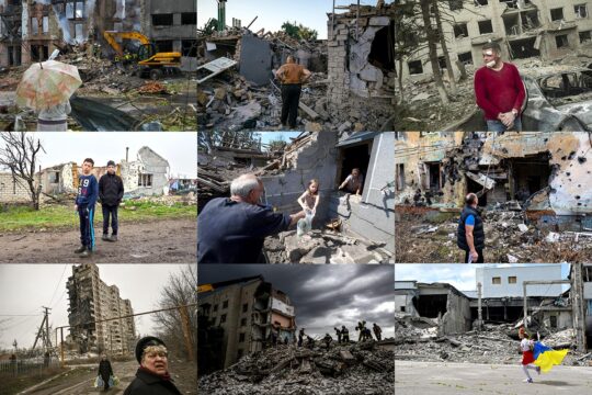 In Ukraine, a claim for reparation (compensation) for damages and destructions is launched. Photos: several images of Ukrainians in front of civilian buildings (often homes) destroyed by Russian missiles.