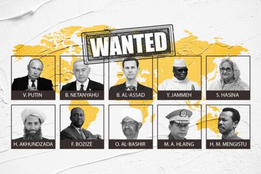 Putin, Netanyahu, al-Assad, Jammeh, Hasina, Akhundzada, Bozizé, al-Bashir, Hlaing, Mengistu: the ten heads of state wanted by international justice. Illustration: portraits of the 10 heads of state on a map of the world and a ‘wanted’ stamp.