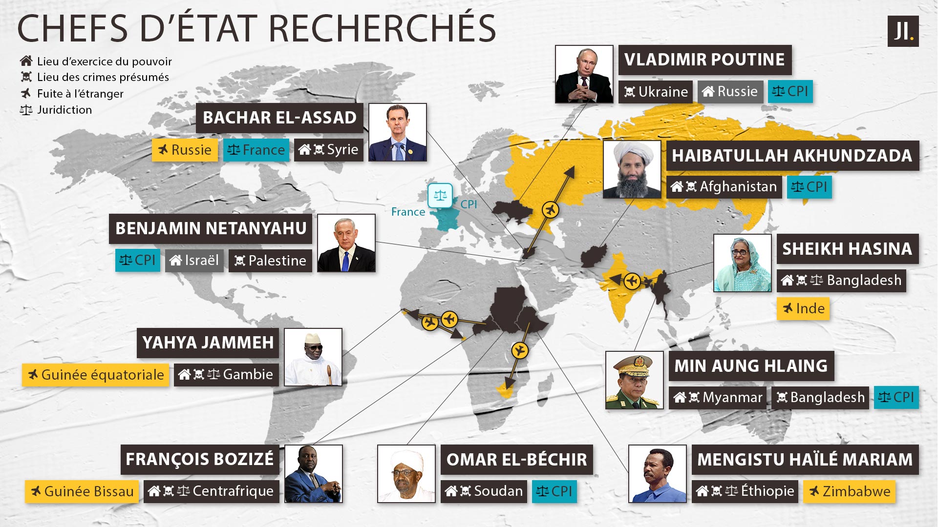 Carte du monde des 10 chefs d'État recherchés par la justice internationale. Poutine, Netanyahu, el-Assad, Jammeh, Hasina, Akhundzada, Bozizé, el-Béchir, Hlaing, Mengistu.