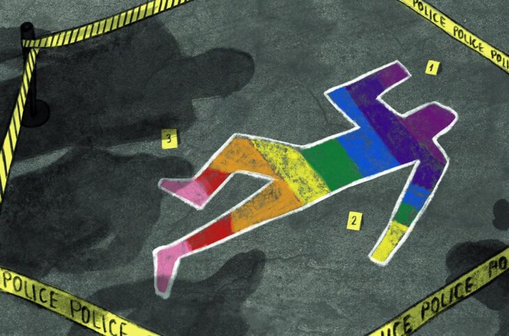 Fighting gender-based crimes - Illustration: a crime scene (police banner and numbered exhibits) where the silhouette of a character marked on the ground is filled in with the colors of the LGBTQ+ community's rainbow flag.